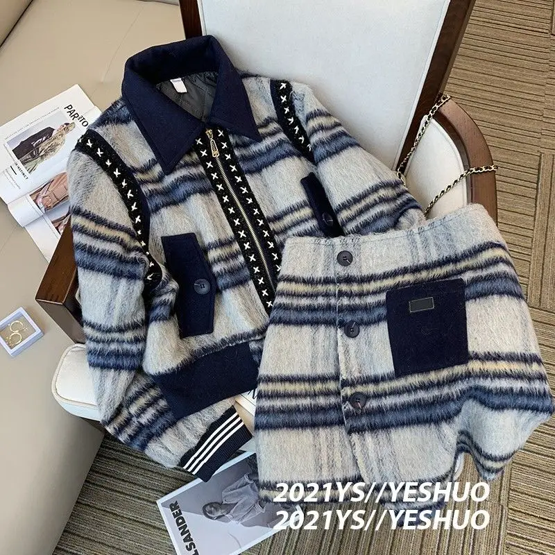 

Fashion Contrast Patch Lapel Striped Woolen Jacket Women Short Button Wrap Hip Skirts Mini 2022 Fall Outfits Two Piece