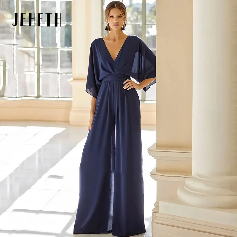 

Простое вечернее платье JEHETH с V-образным вырезом для женщин, сексуальные комбинезоны с коротким рукавом и открытой спиной, женская одежда, длинные платья для выпускного вечера, индивидуальный пошив Простое вечернее