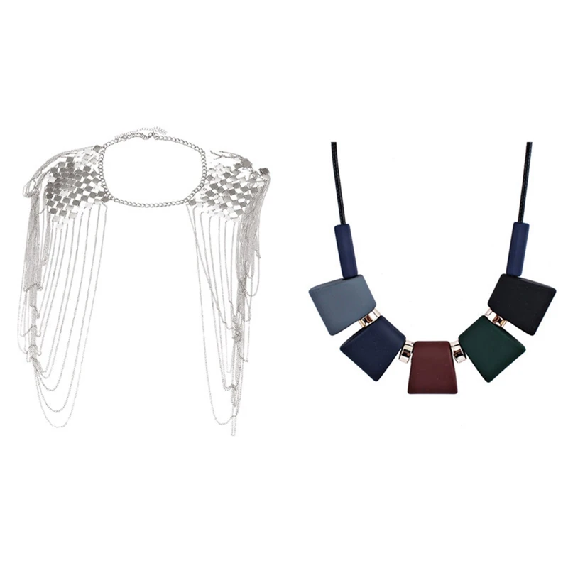 

1 Pcs Body Link Epaulet Shoulder Chain Necklace Dangling Tassel & 1 Pcs Women's Necklace Sweater Chain Choker Necklace