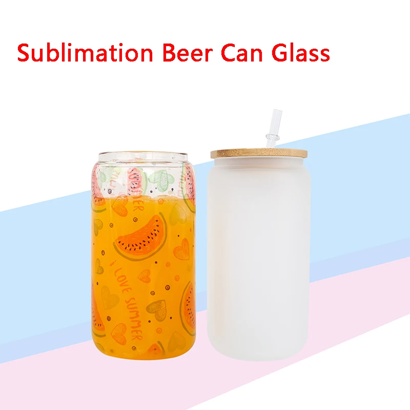 

48pcs 16oz Sublimation Glass Beer Mugs Frosted Clear Can Shaped Tumbler Cups with Bamboo Lid Plastic Straw Coffee Soda Glasses