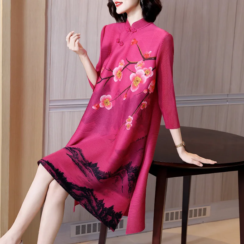 

Miyake retro print red skirt 2022 spring new western style age-reducing mother skirt pleated women's clothing