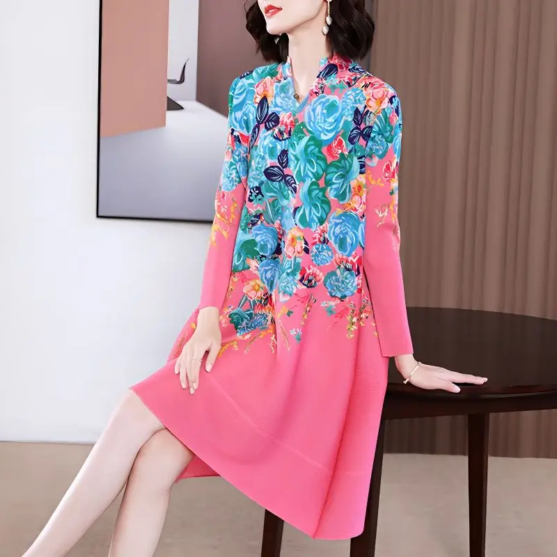 

Женское плиссированное платье, повседневное свободное платье средней длины с V-образным вырезом и длинным рукавом, в стиле ретро, весна-осень 2023