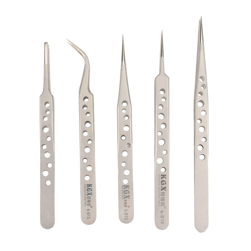 

KGX 5Pcs Precision Anti-Static Stainless Steel Anti-Magnetic Tweezers Set, Used For Welding Mobile Phone Repair