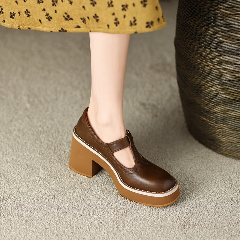 NEW Spring Women Shoes Round Toe Chunky Heel Mary Janes Split Leather Platform Shoes for Women Fashion Solid High Heels Women