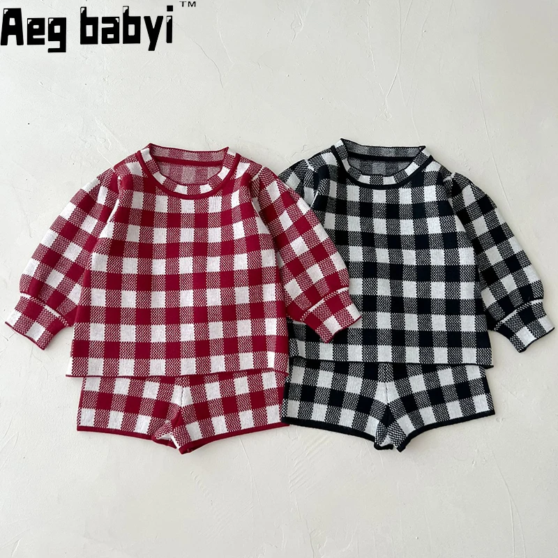 

Осенний комплект детской одежды, одежда для младенцев, клетчатый свитер с рукавами-фонариками + шорты, 2 предмета, свитер для маленьких девочек, костюм, детская трикотажная одежда