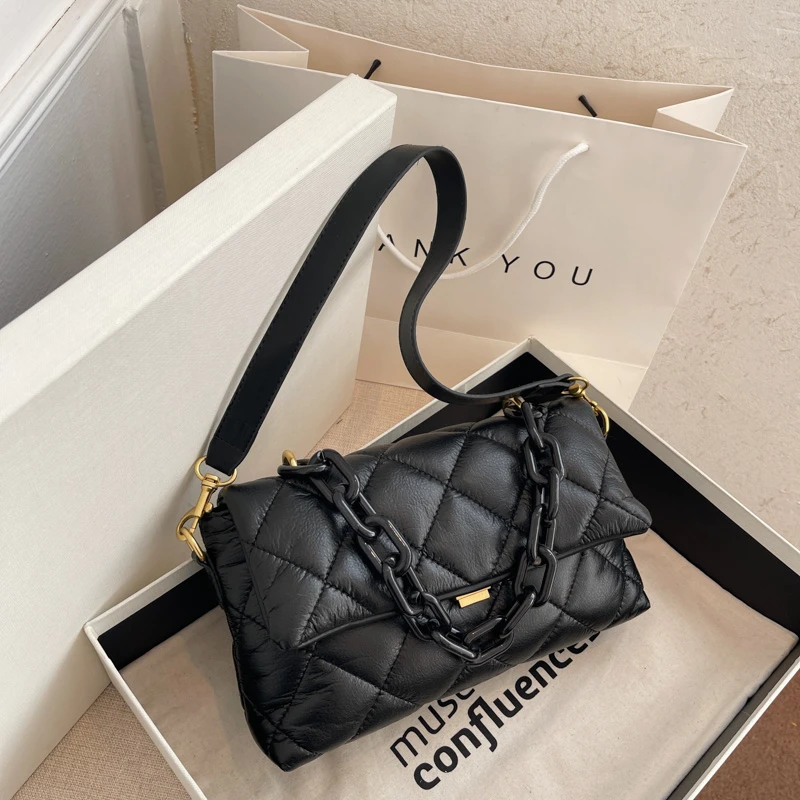 

Quality Lingge Small Square Bag PU Shoulder Bags for Women Crossbody Bag Designer Thick Chain Handbags and Purses Female Clutch