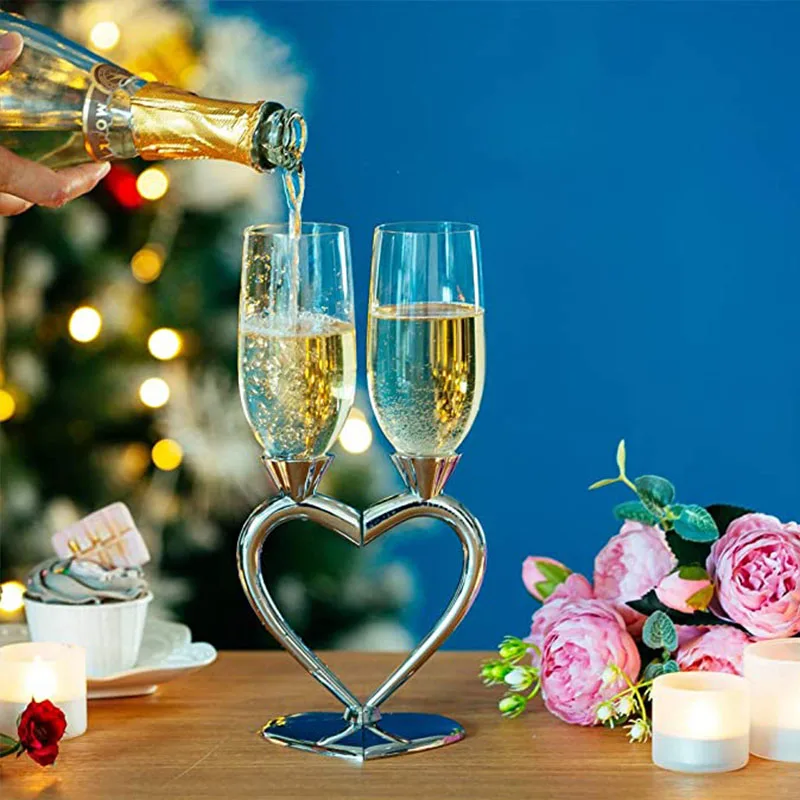 

2pcs Wedding Champagne Flute Glass Cup Bride Groom Heart Shaped Silver Toasting Crystal Wine Glass Goblet Engagement Anniversary