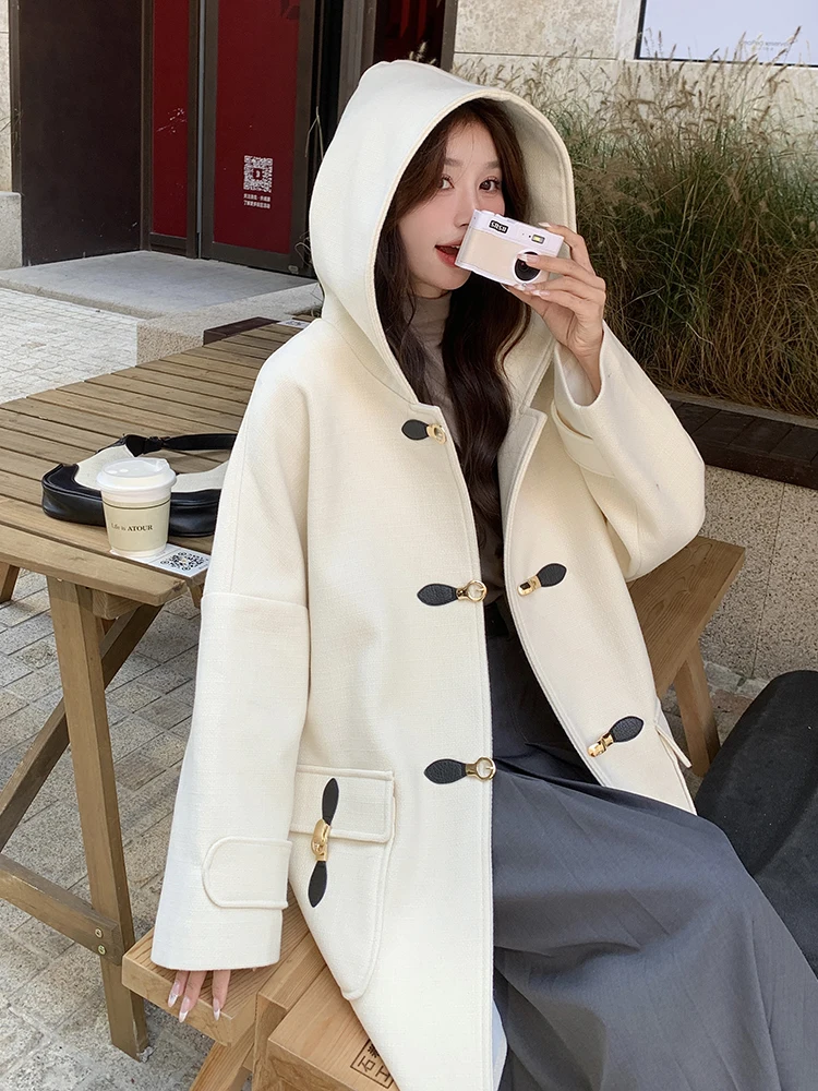 Свободное шерстяное пальто с капюшоном в стиле преппи женское зимнее 2024 новая
