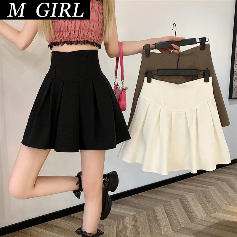 

M GIRLS Skirts Women Pleated Korean Preppy Style Solid Basic Mujer Faldas Summer Ins Slim High Waist Feminine Popular Student