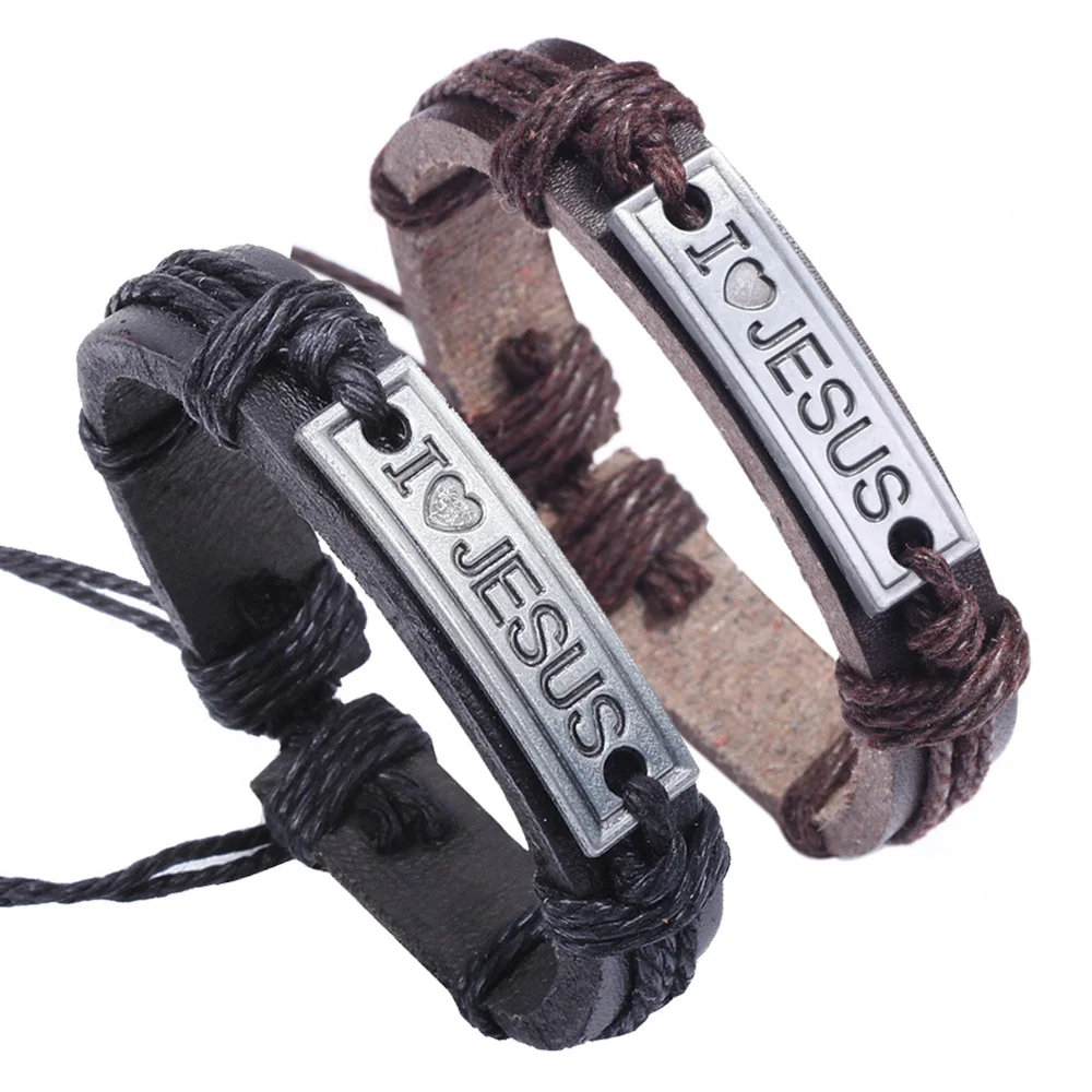 

Brown Black Vintage Leather Bracelet Religious Faith Bangle "I LOVE JESUS" Christian Jewelry for Women Man Cuff Gift Wholesale