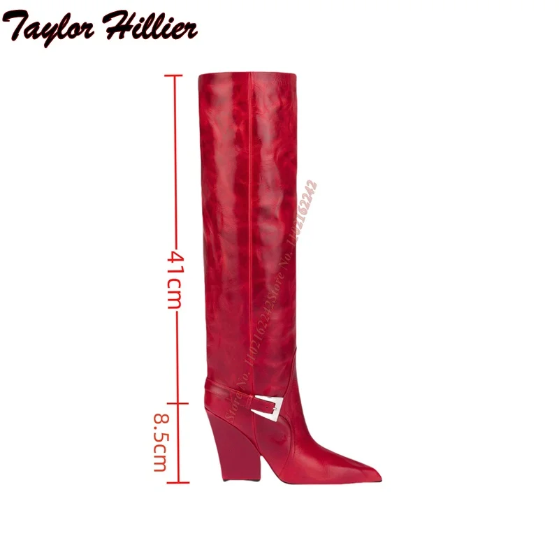 Зимние красные сапоги до колена из натуральной кожи с пряжкой на ремне прямые