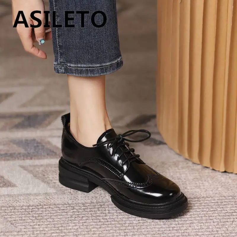 

ASILETO 2023 натуральная кожа женская обувь круглый носок блочный каблук 4 см шнуровка Ретро полые броги Женские повседневные насосы Повседневная Весна