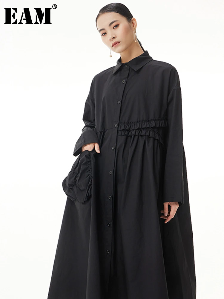 

[EAM] Women Black Stereoscopic Pocket Big Size Shirt Dress New Lapel Long Sleeve Loose Fit Fashion Spring Autumn 2022 1DE6837