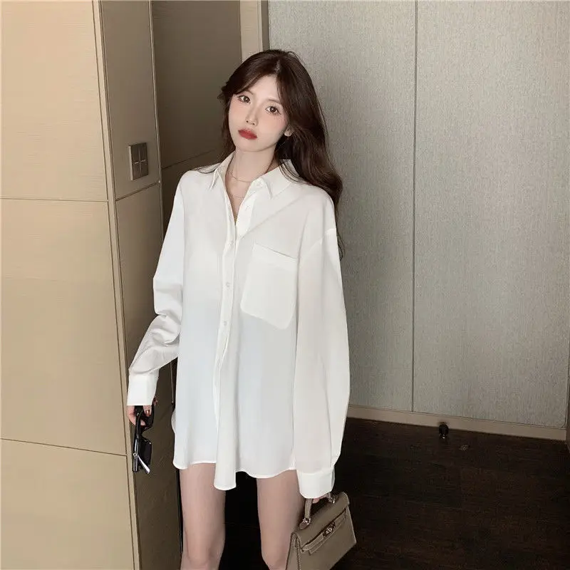 Spring New White Loose Shirt Tops Long Sleeve Solid Color Polo Neck All-match Blouse Korean Simplicity Fashion Women Clothing