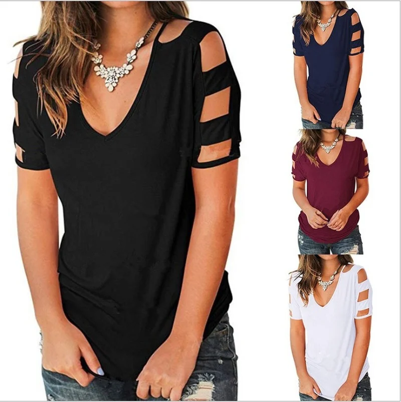

2021 New Summer Women's Tops V-Neck Cotton T Shirts Solidcolor Short Sleeve Tees Casual Loose Plus Size Femme T-Shirt