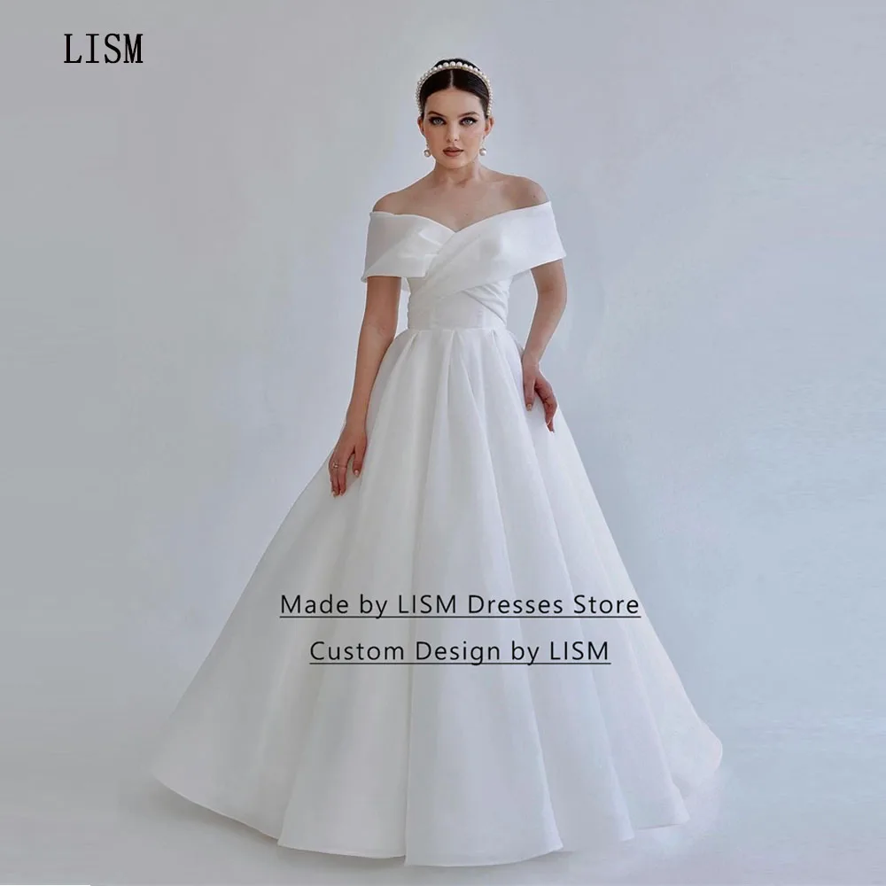 

Бальные платья LISM А-силуэта, с драпировкой, со шнуровкой, корсет на спине, вырез лодочкой и открытыми плечами, атласные платья для принцессы, мечты, невесты, выпускного вечера, свадьбы, 2023
