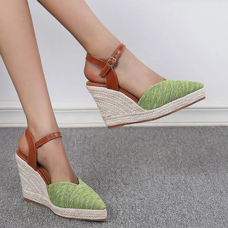 

2022 Summer New Women's Sandals Pointed Toe Buckle Strap Wedge Heel Ladies Shoes Shallow Color Fashion Thick Bottom Women Shoes