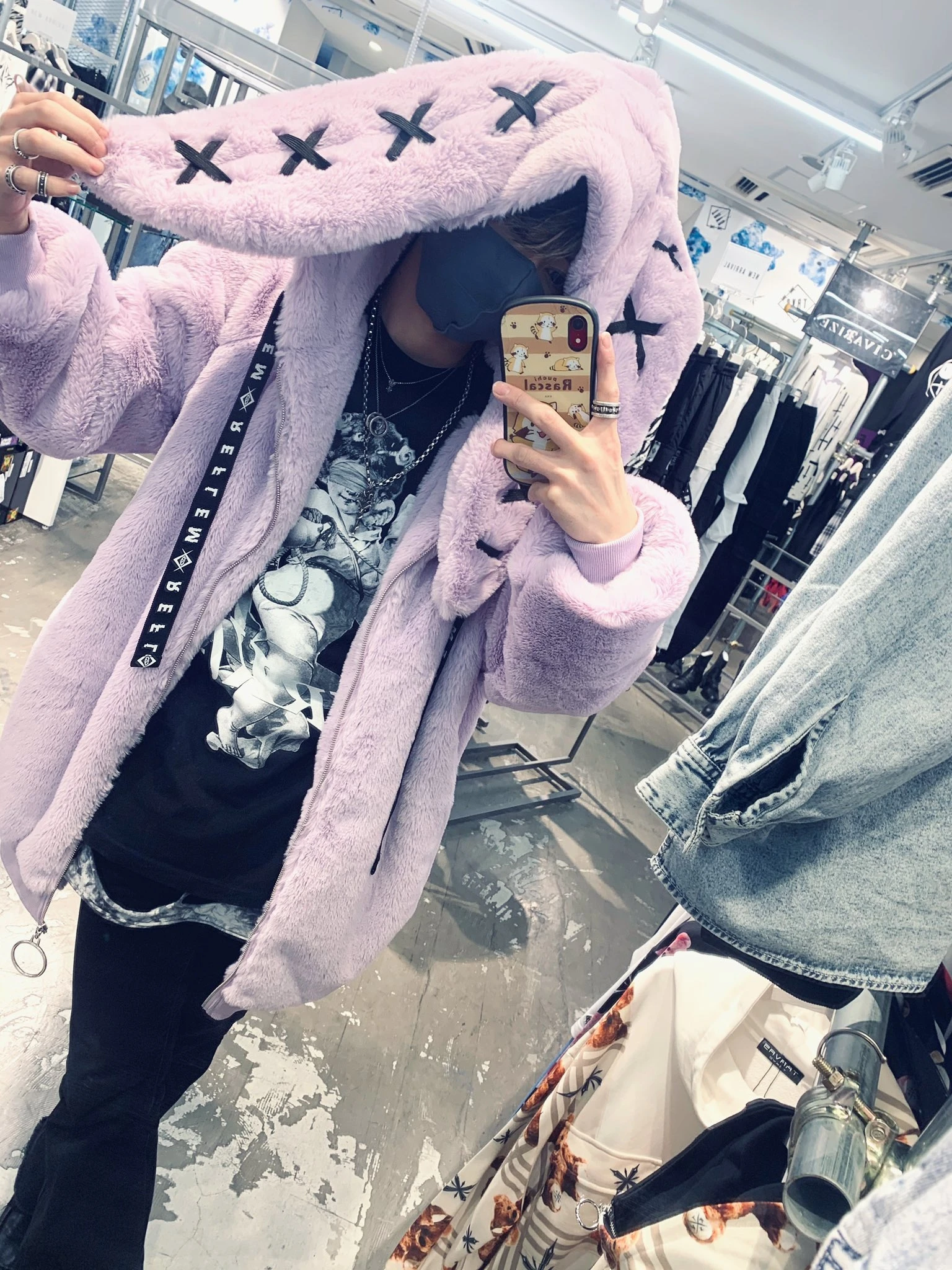 Harajuku Winter New Japanese Rabbit Ears Fur Coat Women Punk Style Warm Mid-Length Plush Jacket Lolita Purple Cotton-Padded Coat