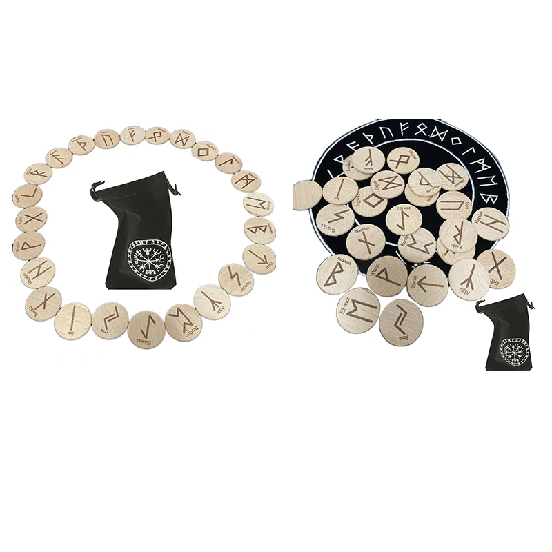 

-Rune Stones Set With Runes Book For Beginners And 5 Layouts. 25 Pieces Of Elder Futhark Runes Set Occultism Wood Chips