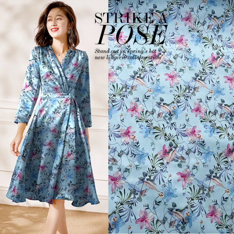 

Silk Satin Fabrics Spring Digital Printing Stretch Satin Material Breathable Comfortable Draped Cheongsam Dress Fabric by Meter