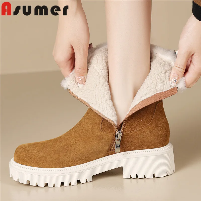 

Женские замшевые ботинки ASUMER, простые зимние ботинки из коровьей кожи, на молнии, на платформе, размеры 34-40, 2023