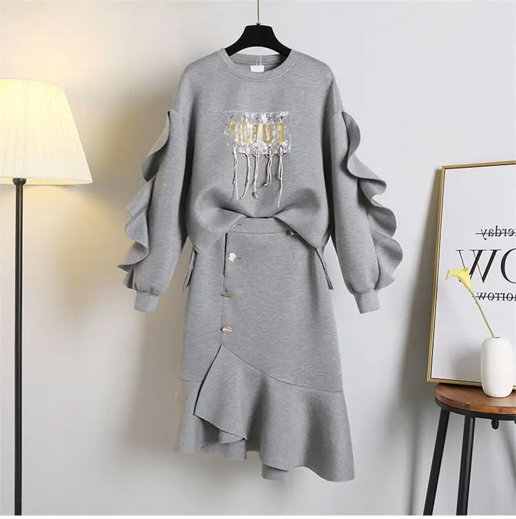 

Женский хлопковый спортивный костюм, свитер с надписью и Юбка До Колена, комплект из двух предметов, модная одежда, уличный спортивный костюм, европейская серая одежда