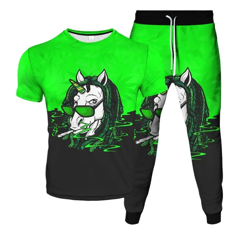 

Animal Unicorn Leopard Feather Print Men Casual Clothes T-Shirt Jogging Pants 2Pcs Sets Summer Unisex Tracksuit Plus Size S-6XL