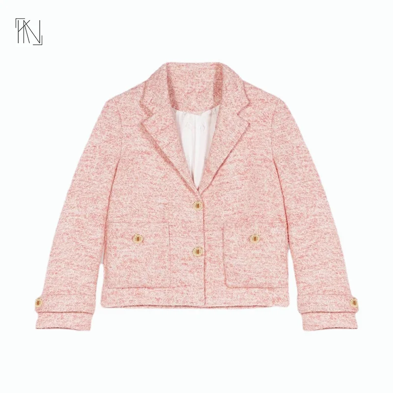 Spring 2023 New Metal Buckle Large Patch Pocket Woolen Suit Jacket+A-line Pleated Mini Skirt High Quality Free Shipping