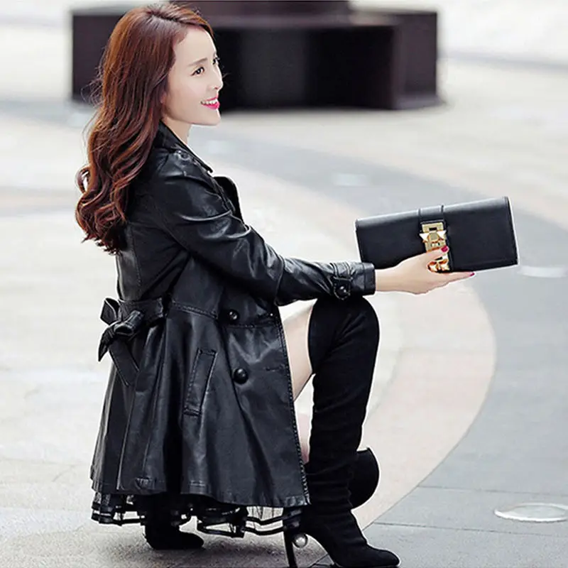 Black Autumn Winter Coats Long Slim PU Leather Jacket Women 2022 Fashion Belt Plus Velvet Thick Double Breasted High Quality Top