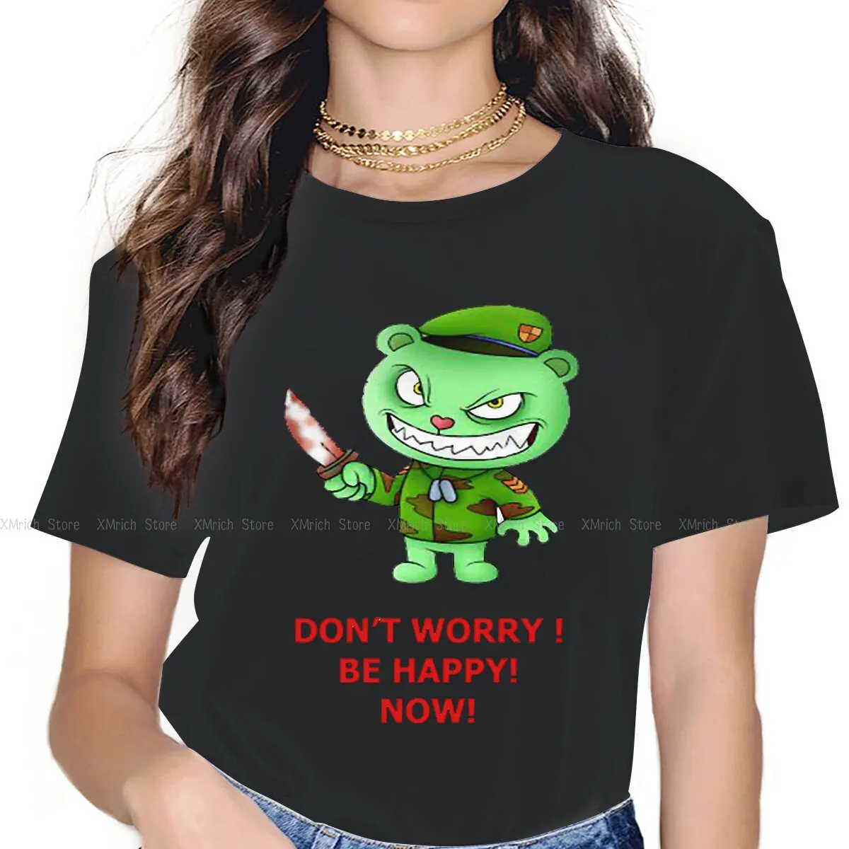 Novelty Don't Worry  T-Shirt Women Crew Neck Cotton T Shirts Happy Tree Friends Cuddles Giggles Anime Short Sleeve Tees Summer