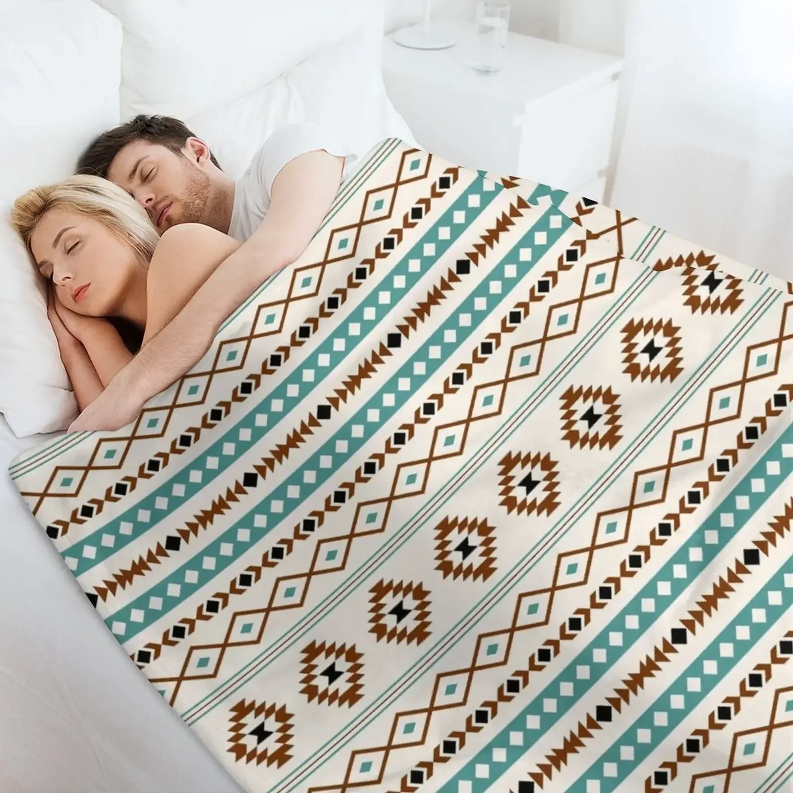 Ацтекское бирюзовое терракотовое черное кремовое одеяло со смешанным узором