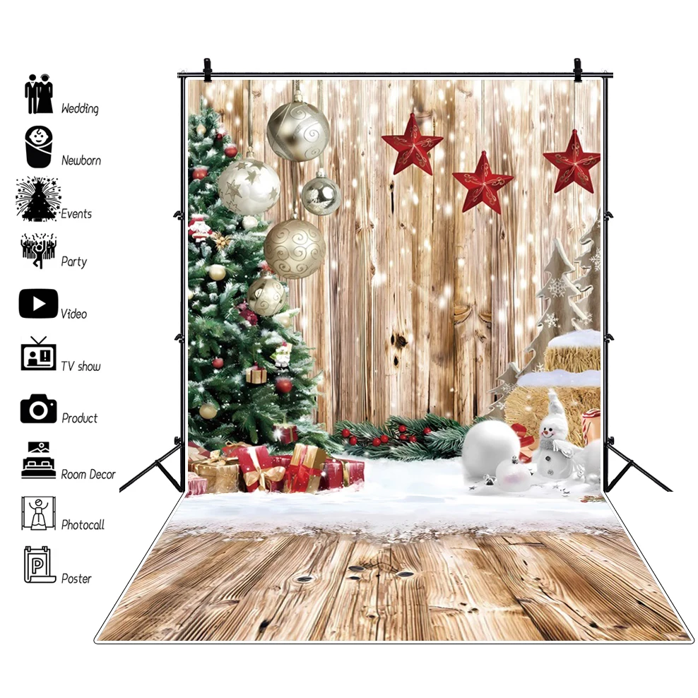 Christmas Wood Floor Backdrop Winter Snow Xmas Tree Gift Family Party Background New Year Decoration