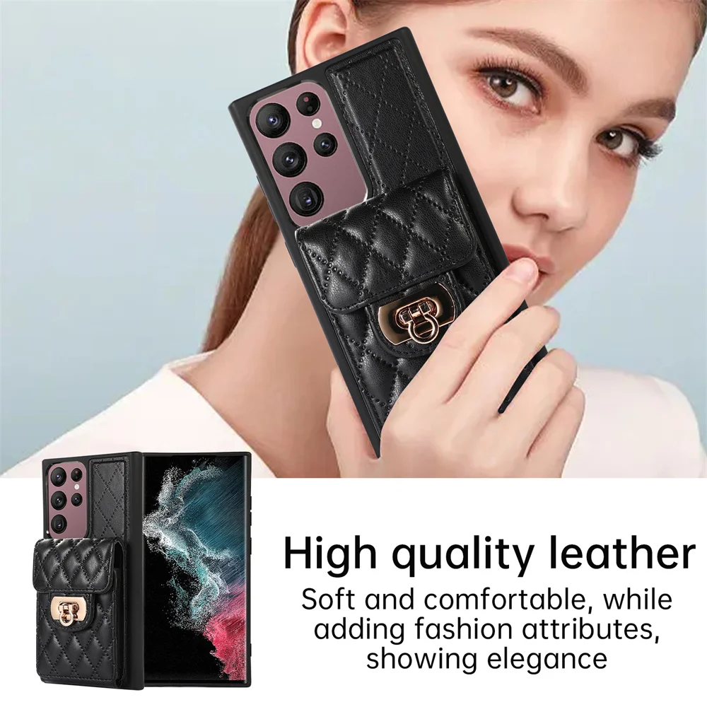 Luxury Mesh Leather for Samsung Galaxy S20 S21FES23 S22 Ultra Plus  A54 53 52 34 14 13 12Crossbody Bag Wallet Phone Case Lanyard