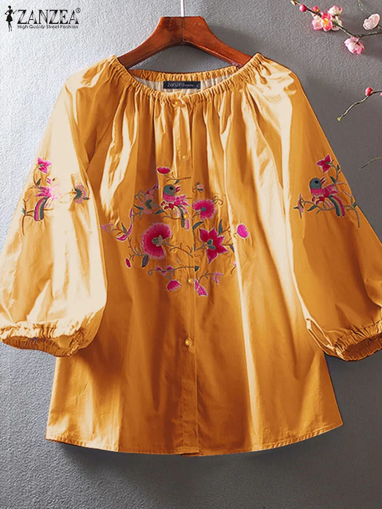 ZANZEA Винтажная Женская Осенняя Блузка С Круглым Вырезом И Рукавами 3/4 На Пуговицах