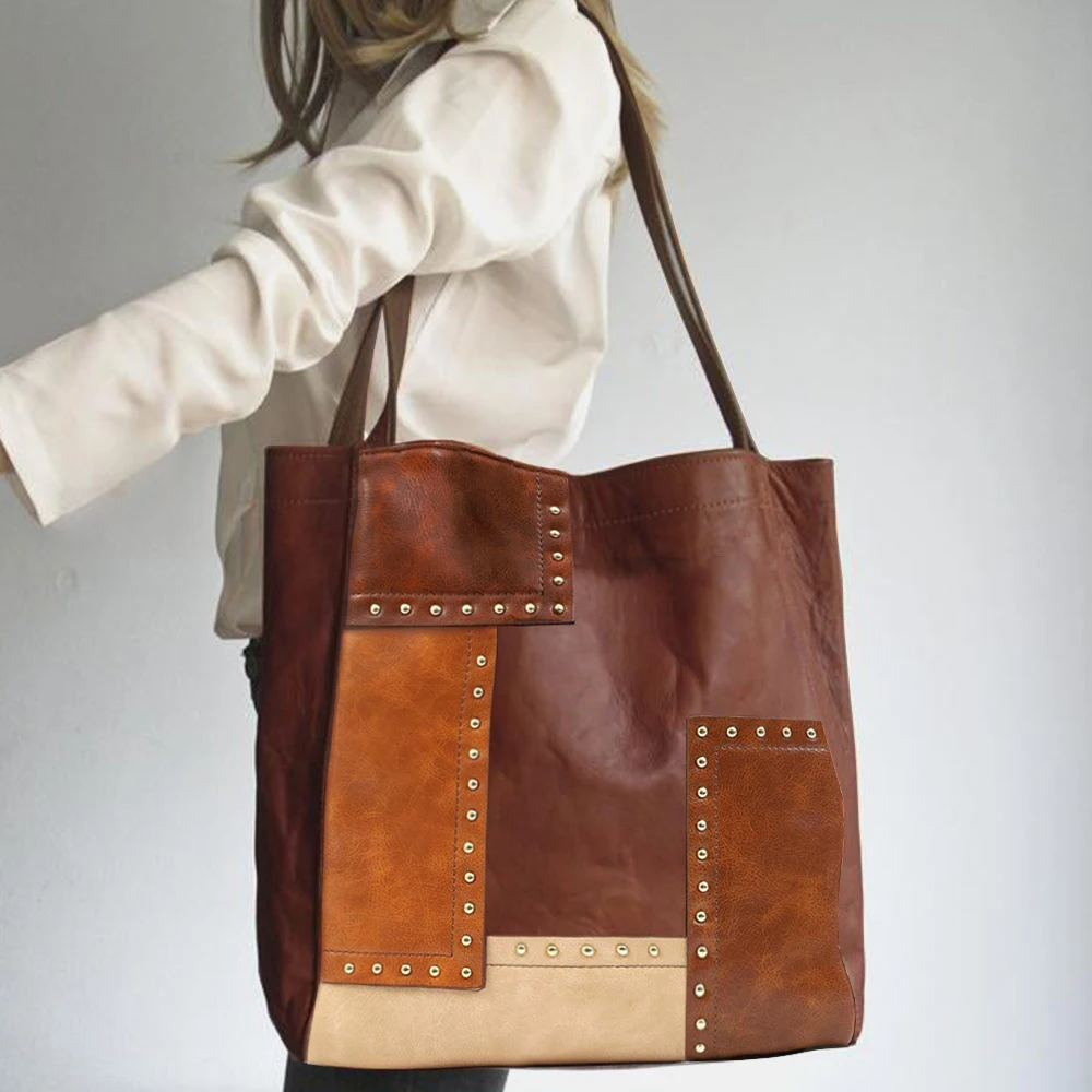 

Women Totes Shoulder Bag Female Luxury Designer Handbag PU Rivets Hasp Contrasting Handbags Crossbody Bags Retro 2023 Trend