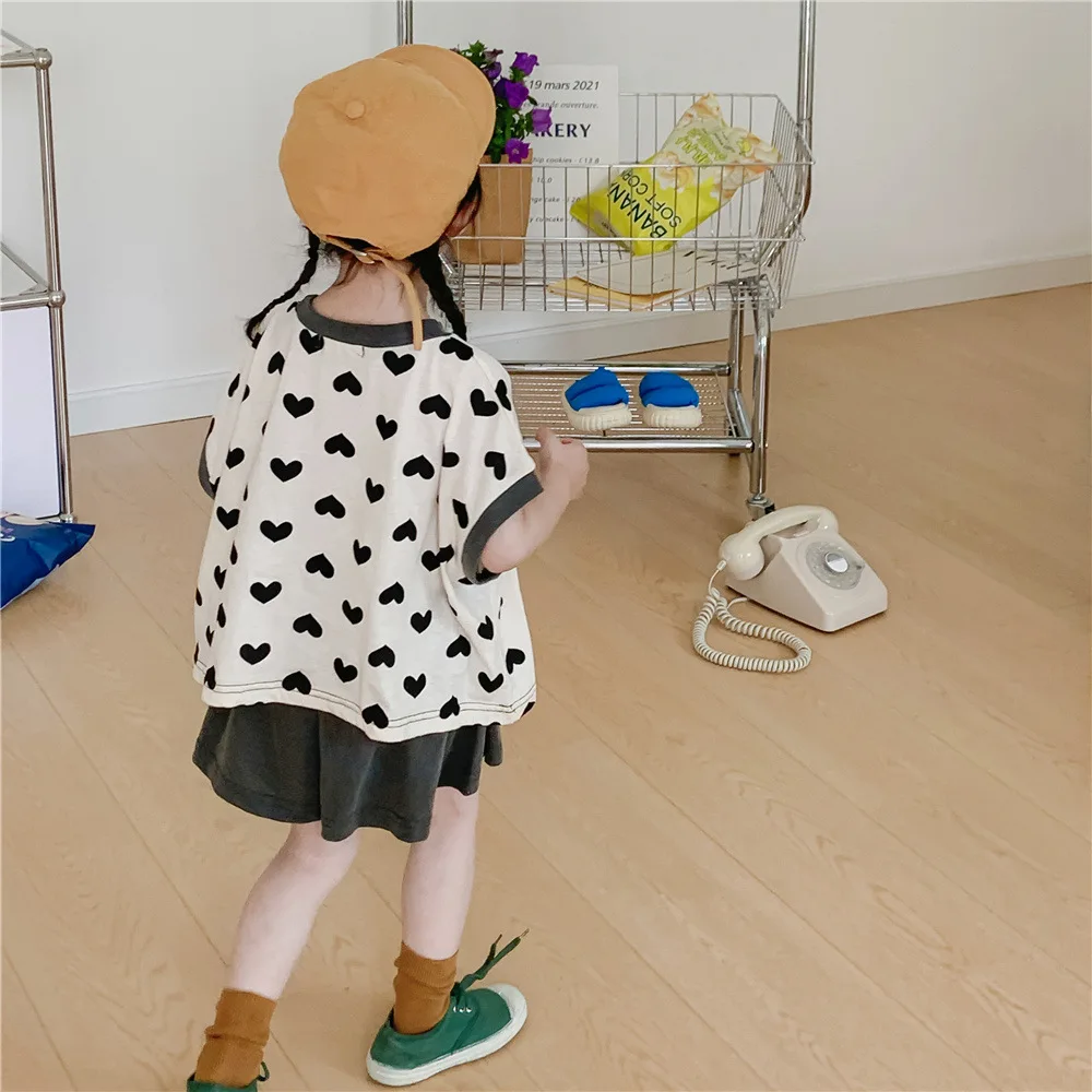 

Children's love short-sleeved suit 2022 summer Korean version boys and girls T-shirt shorts knitted two-piece set