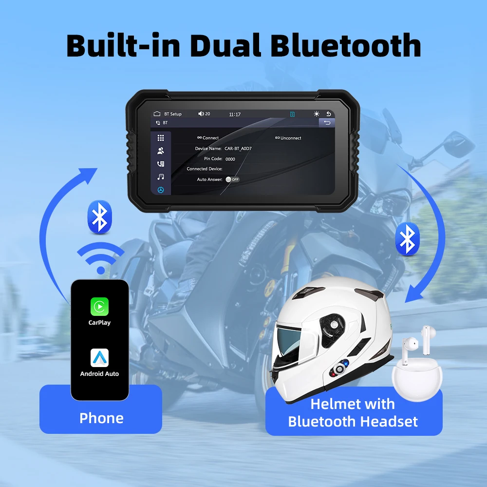 Фото Bluetooth5.0 Motorcycle Navigation CarPlay IP67 Waterproof Wireless Carplay Display Screen Motorcycle Android Auto Monitor №5