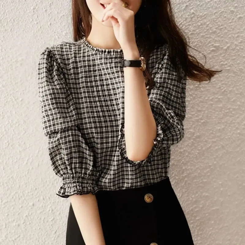

Plaid Women's Blouses Summer 2022 Puff Sleeve Loose Fashion Shirts Korean Top O-Neck New Casual Regulai Fit Clothing Non Strech