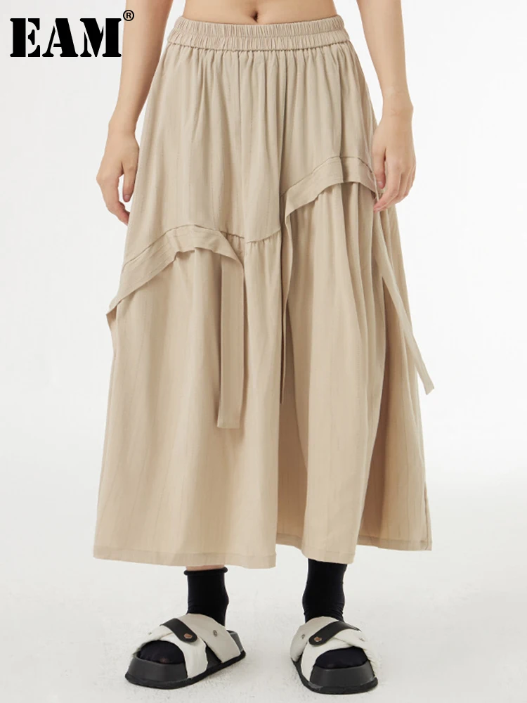 

[EAM] High Elastic Waist Khaki Ribbon Irregular False Two Half-body Skirt Women Fashion Tide New Spring Autumn 2023 1DH0153