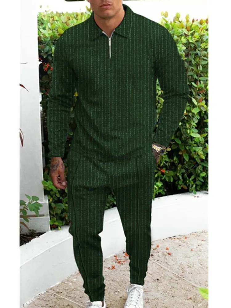 Spring and Autumn men's suit series solid color lapel long sleeve polo shirt + pants 2 pieces street pleated casual fashion suit