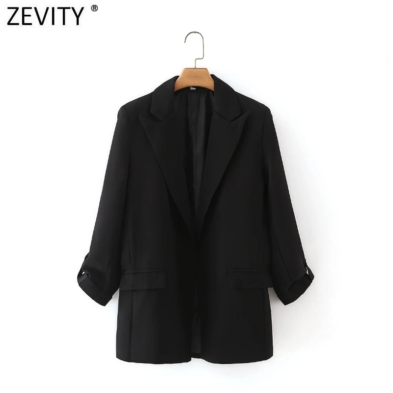 

Zevity 2021 Women Fashion Notched Collar Fitting Blazer Coat Office Roll Up Sleeve Pockets Female Chic Open Stitching Tops SW712