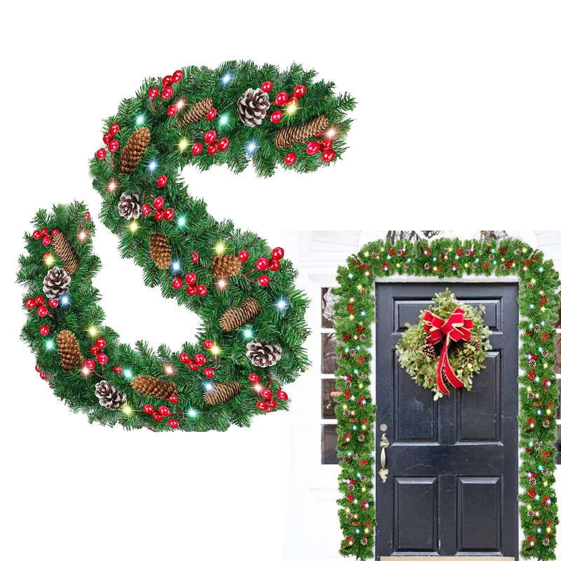 

Merry Christmas Decoration Garland 9ft With 50 Lights Artificial Red Berries Pine Cones Natale Christmas Wreath for Front Door