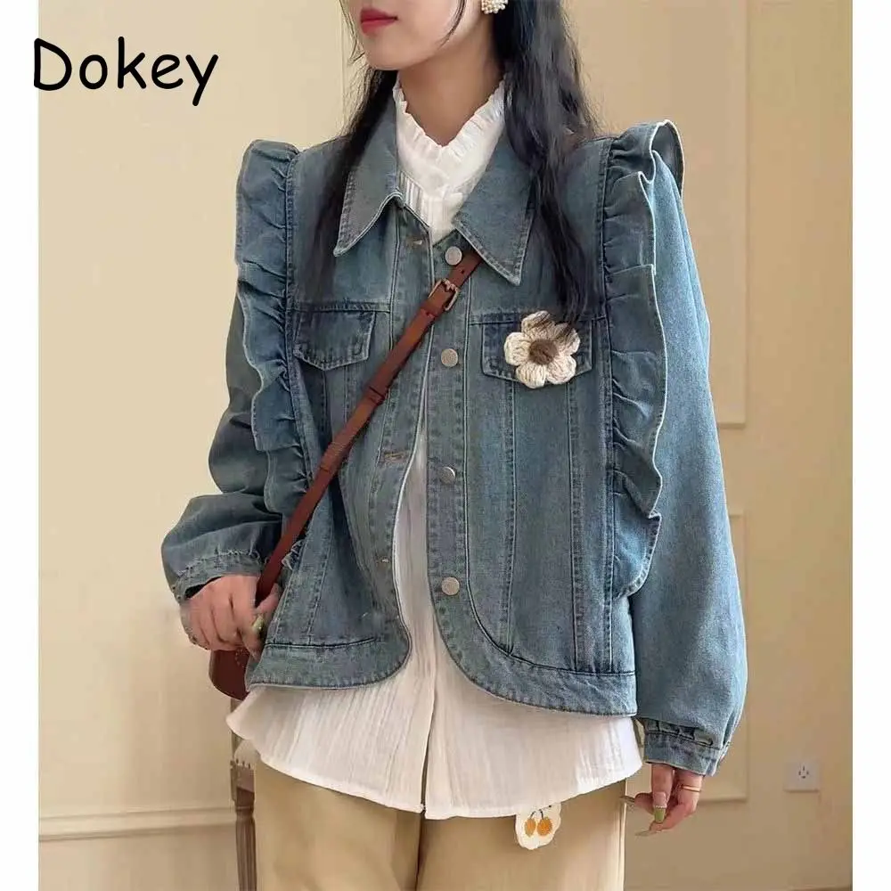 

Куртка женская джинсовая с оборками, винтажный однобортный пиджак свободного покроя в японском стиле, Повседневная Верхняя одежда с отложным воротником, осень