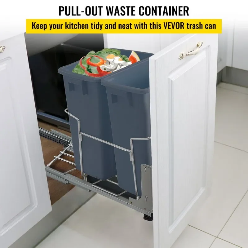 

Stylish 37Qt Double Bins Under Mount Kitchen Trash Can with Soft-Close Slides, 44 lbs Load Capacity & Door-Mounted Brackets, Gre
