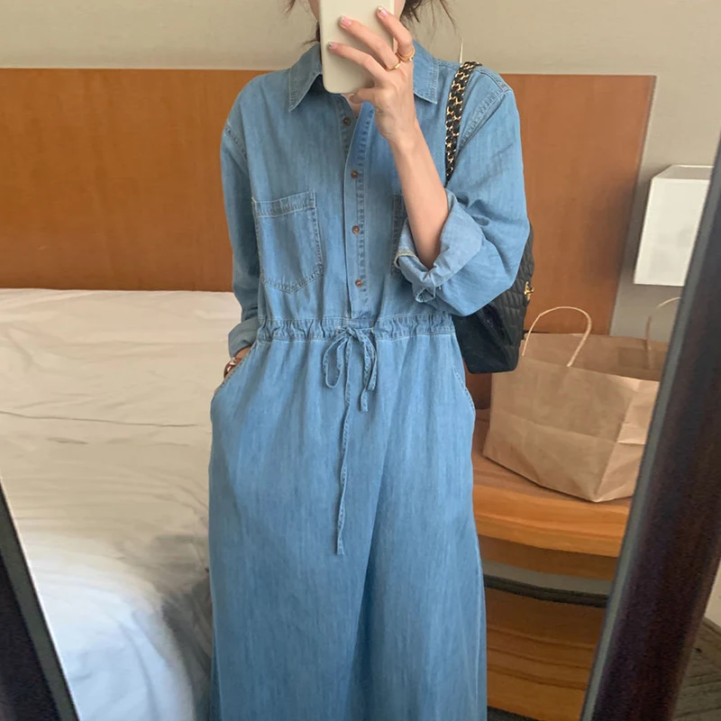 

Korean Loose Drawstring Denim Dress Women Chic Lace Up Waist Women's Dresses Elegant Midi Blue Pocket Dresses Korea