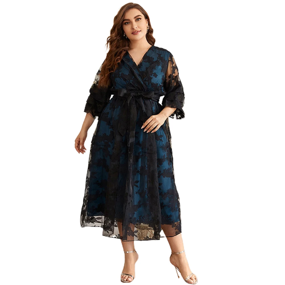 

New Style XL~5XL Women Plus Size Midi Dresses Boho Long Oversized Party Evening Festival Organza Short Sleeve Clothing V Neck