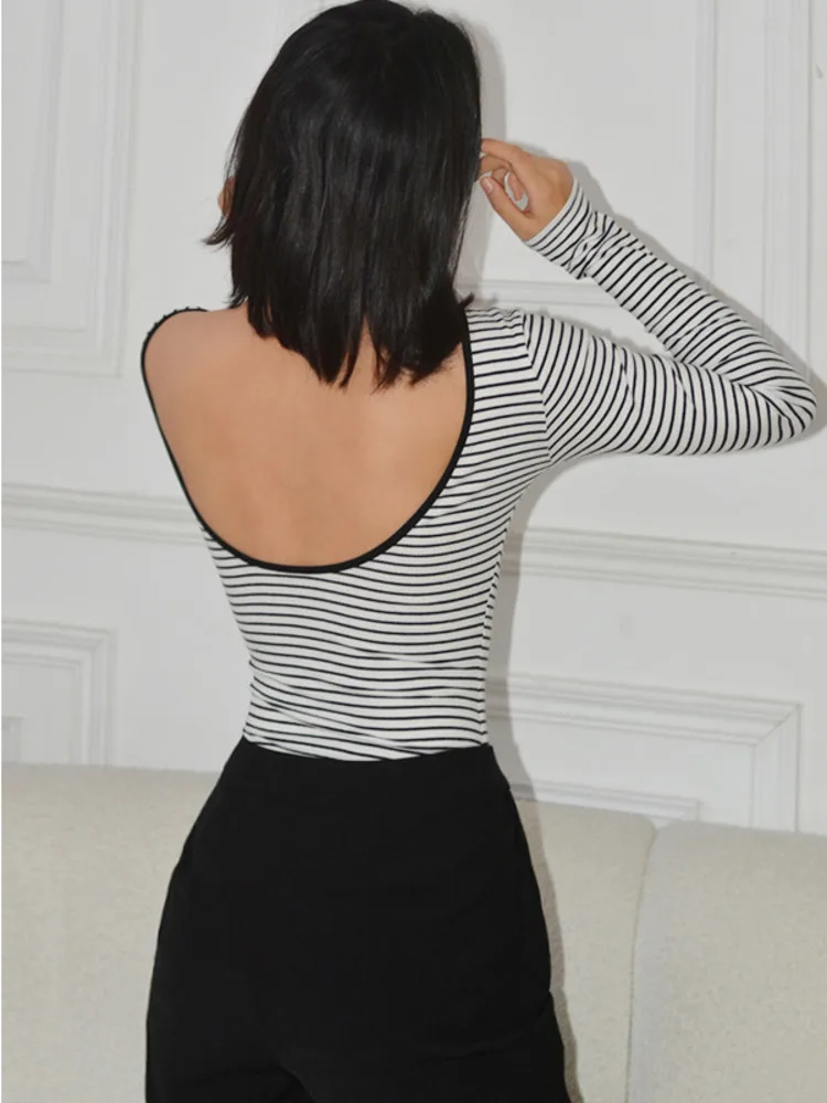 

Модный женский комбидресс womпорайзер с глубоким вырезом на спине и длинными рукавами в полоску Топы европейский Топ с открытой спиной 8CNC