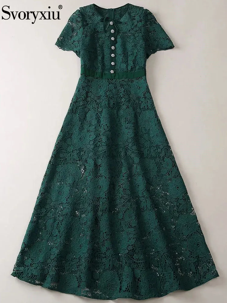 Svoryxiu Summer Runway Designer Vintage Green Color Pencil Midi Dress Women's Short Sleeve Lace Hollow Out High Waist Slim Dress