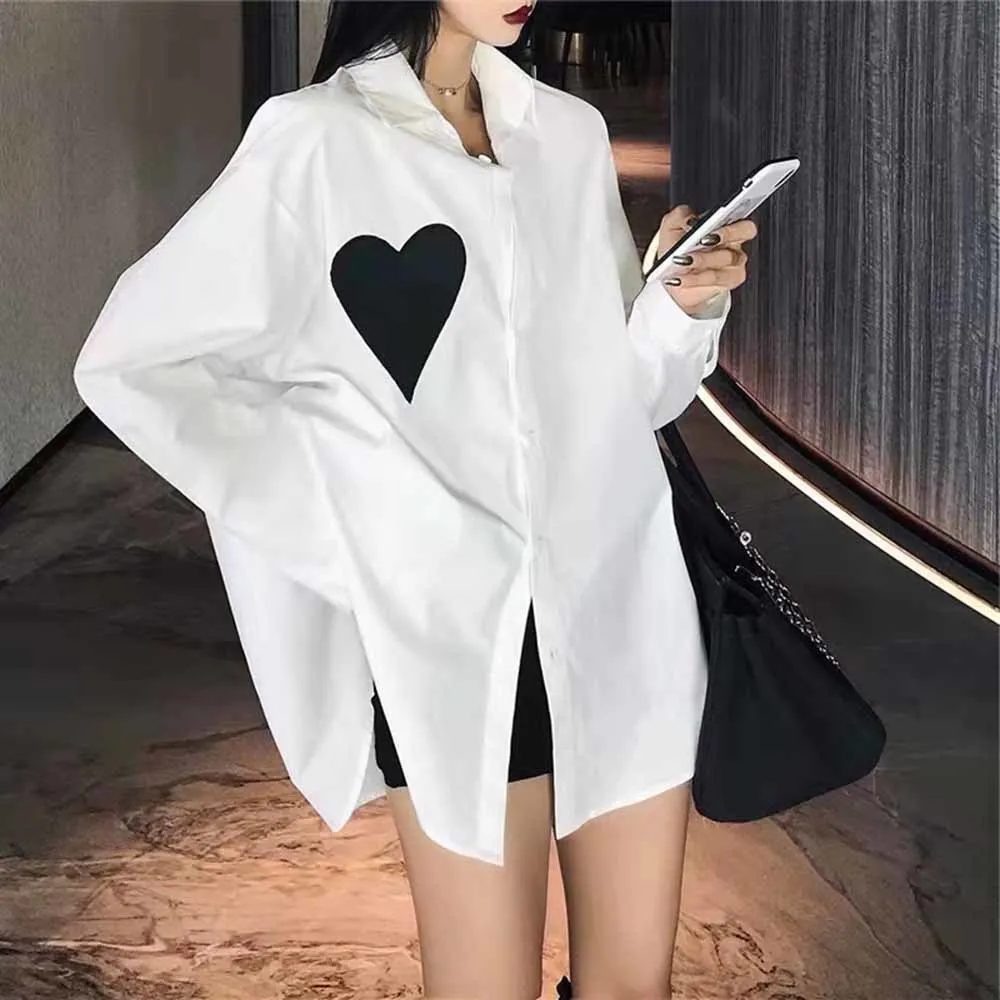 

Single Breasted Vintage Heart Print Striped Black White Long Sleeve Shirt Womens Spring Loose Sexy Blouse Female Top