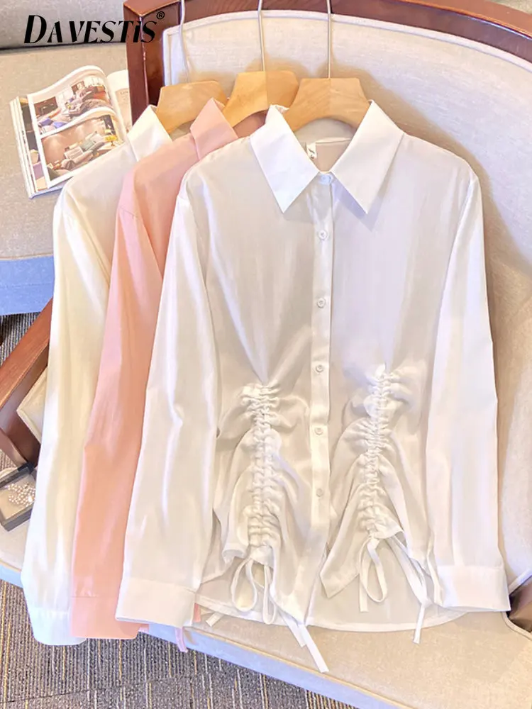 

Белая рубашка, Женская Весенняя мода 2023, элегантные и молодежные женские блузки с кулиской, женские повседневные рубашки с длинным рукавом